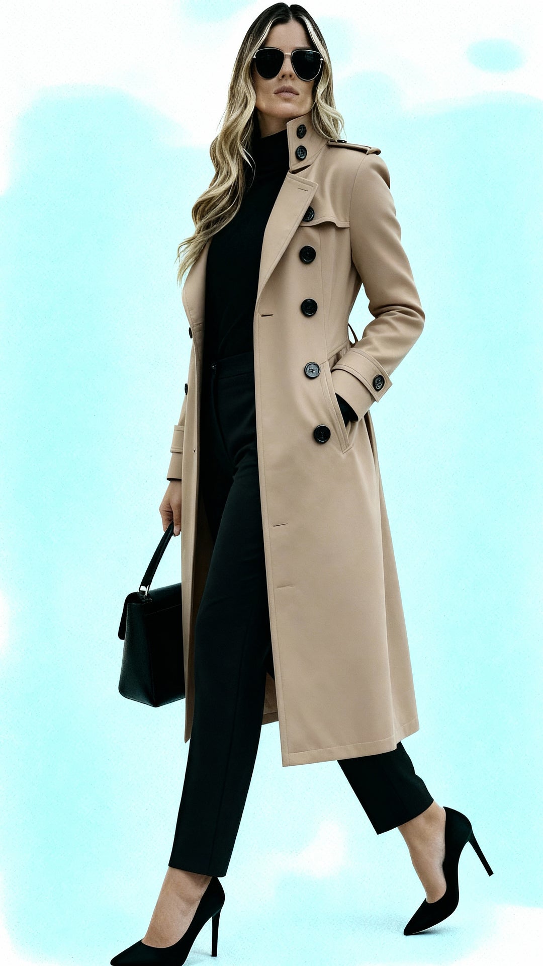 Women’s Long Coat with High Collar & Tie-Belt – Elegant Trench Style Outerwear