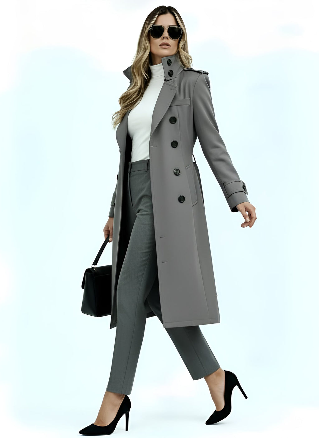 Women’s Long Coat with High Collar & Tie-Belt – Elegant Trench Style Outerwear