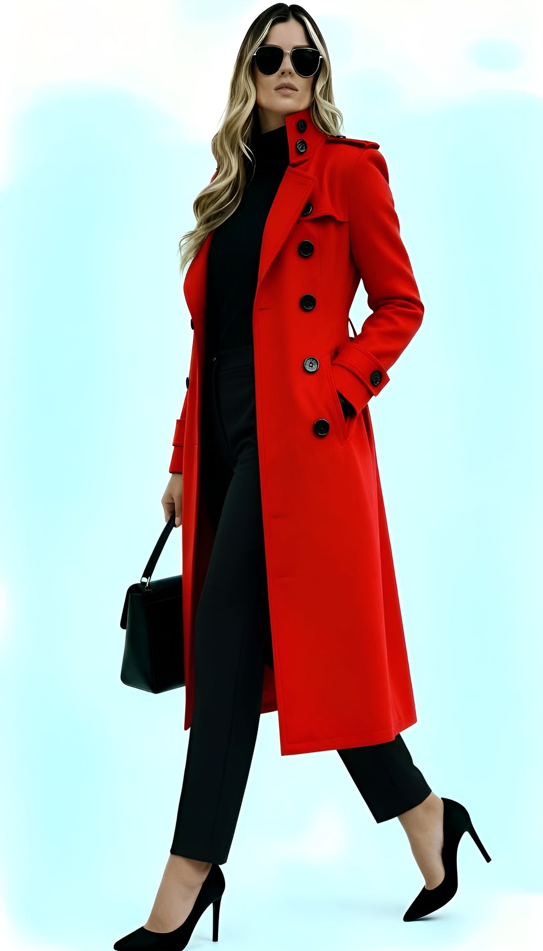 Women’s Long Coat with High Collar & Tie-Belt – Elegant Trench Style Outerwear