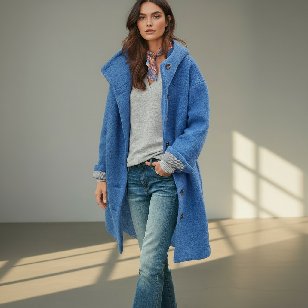 Women’s Wool Blend Coat with Hood - Long Winter Coat, Classic Turn-Down Collar