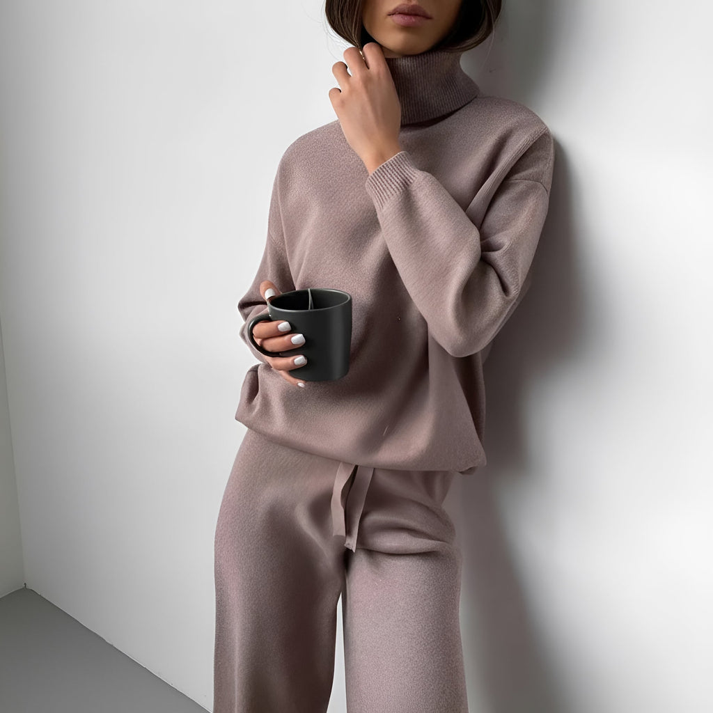 Women's Knitted 2 Set – High Neck Sweater – Wide Pants – Soft Knit – Relaxed Fit - Lounge Wear