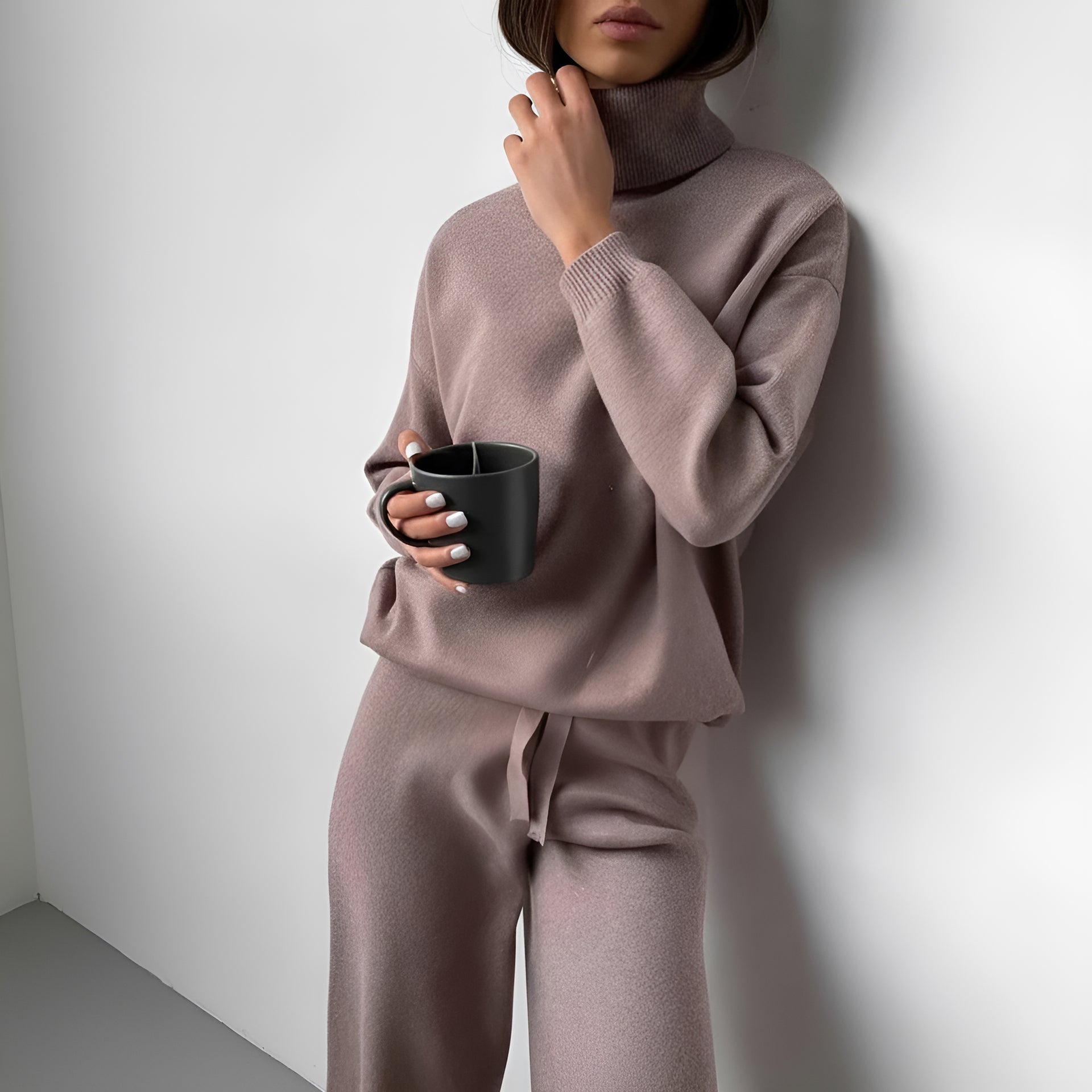 Women's Knitted 2 Set – High Neck Sweater – Wide Pants – Soft Knit – Relaxed Fit - Lounge Wear